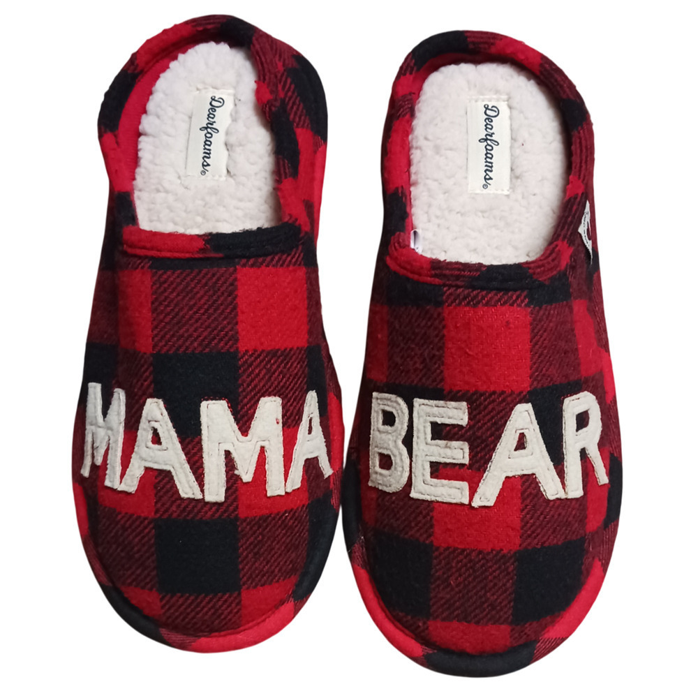 Dearfoams Mama Bear Women’s Slippers Black Red Plaid Memory Foam Size M (7/8)